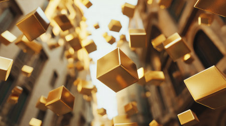 Floating golden cubes in a virtual environment, forming an abstract pattern with a luxurious, futuristic feel, ideal for digital design and tech concepts.の素材