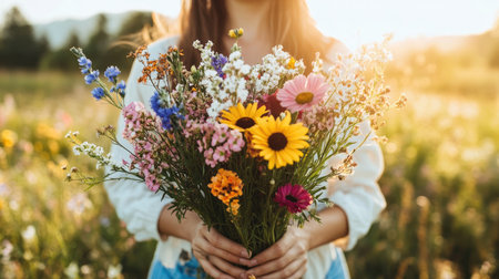 A joyful person holding a colorful bouquet of wildflowers in a sunlit meadow, showcasing the natural beauty of flowers and the peaceful atmosphere.の素材