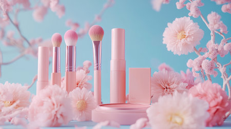 An elegant makeup set featuring brushes, blush, and lipsticks, surrounded by pink flowers, set against a pastel blue background, ideal for beauty photography.の素材