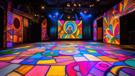 A lively stage decorated with bright, vibrant colors and artistic designs, ready for a performance, showcasing an energetic, creative atmosphere.の素材