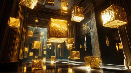 Floating golden cubes in an opulent environment, exuding luxury, wealth, and sophistication in a lavish, high-tech setting.の素材