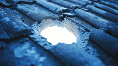 A white hole in a ceramic roof tile emits bright light, creating jagged edges and adding a powerful visual contrast, symbolizing breakthrough and energy.の素材