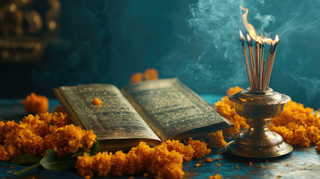 The Bhagavad Gita on a brass stand, with marigold garlands and incense creating a serene spiritual setting, perfect for religious and cultural themes.の素材