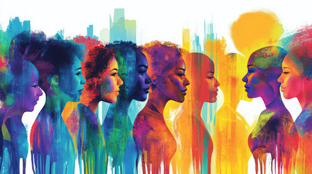 A vibrant and abstract illustration of diverse individuals, their figures merged with colorful designs, reflecting modern art and creativity.の素材