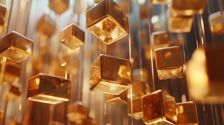 Golden cubes suspended in a virtual environment, forming a stunning abstract pattern, evoking luxury and futuristic elegance in digital space.の素材