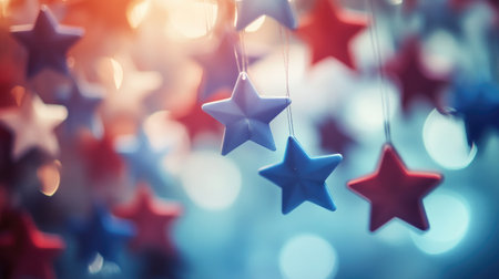 Red, white, and blue star decorations suspended in a beautifully artistic pattern, glowing softly against a dreamy background for festive and patriotic themes.の素材