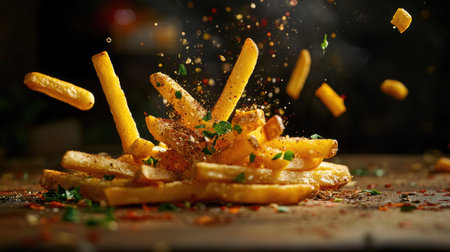 French fries with herbs and spices floating in mid-air, captured in an energetic moment, perfect for food photography and culinary themes.の素材