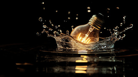 A water splash forms around a glowing light bulb, emphasizing the connection between ideas and fluidity, symbolizing creativity and innovation.の素材