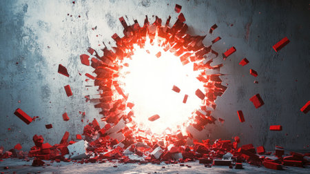 A white hole in concrete releases bright light, scattering red brick shards in an abstract representation of energy and transformation.の素材