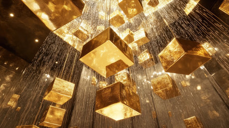 Golden cubes suspended in a lavish, futuristic space, creating an aura of elegance and wealth, perfect for high-end, sophisticated design themes.の素材