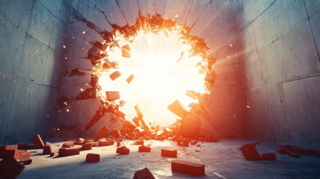 Bright light bursts from a white hole breaking through concrete, scattering red brick shards, symbolizing innovation and disruption in a striking visual.の素材