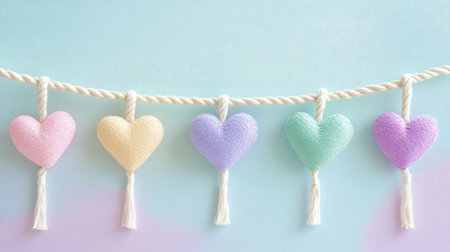 Various colored sweet hearts on a white rope, with a pastel backdrop, creating a cute and whimsical visual for love, celebrations, or festivities.の素材