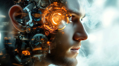 A man portrait overlaid with mechanical parts, symbolizing the fusion of human thought and technology, showcasing the integration of the two worlds.の素材