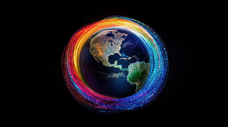 A globe of the Earth encircled by vibrant fiber optic lights, representing global communication and the advancements of modern technology.の素材