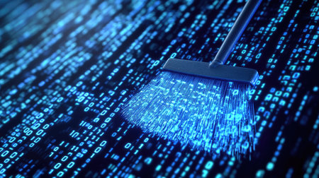 A conceptual image of a digital broom sweeping away binary code on a computer screen, representing data cleanup and digital declutteringの素材