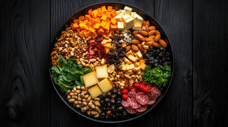 Top-down photo of gourmet cheese and nut platter on black wood, dramatic lighting and rich texturesの素材