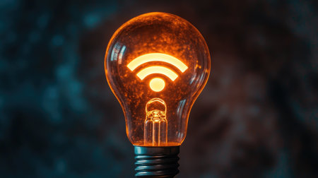 A glowing light bulb featuring a Wi-Fi symbol against a dark, dramatic background, representing innovation, connectivity, and modern technology.の素材