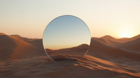 A round mirror in a desert landscape, reflecting the harsh light and soft sand, creating an abstract and tranquil visual with a minimalist touch.の素材