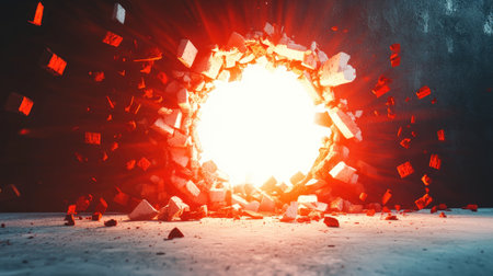Bright light bursts from a white hole breaking through concrete, scattering red brick shards, symbolizing innovation and disruption in a striking visual.の素材