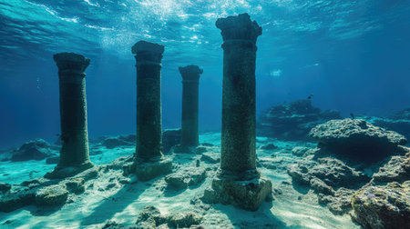 Ancient stone pillars submerged in clear water, bathed in serene blue light, with marine life surrounding them, evoking mystery and history in an underwater world.の素材