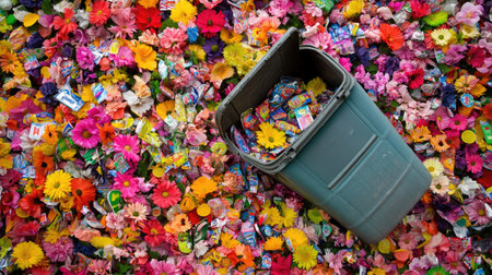 A recycling bin lost in a sea of flowers, brightly colored candy wrappers tumbling outの素材