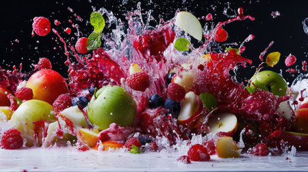 A colorful burst of raspberries, apples, and grapes mid-splash against whiteの素材