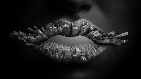Abstract lips with skyscrapers forming the curve, bold contrast in black and whiteの素材