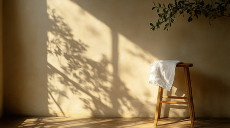 A calm corner with a wooden stool and white cloth catching warm sunlightの素材