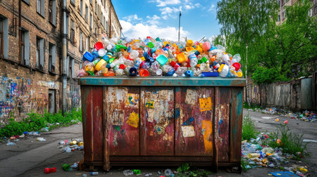 Aged recycling container overflowing with plastic pollution in abandoned areaの素材