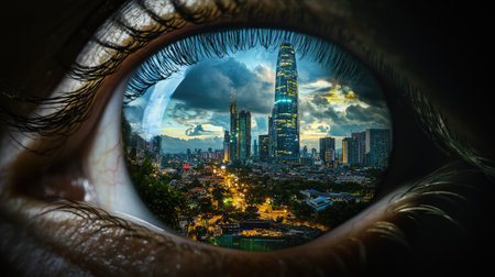 Aerial skyline at night reflected in the eye of a woman looking toward the horizonの素材
