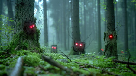 This captivating image showcases an enchanted forest scene with trees displaying glowing red eyes nestled among vibrant green moss. The fog adds a mystical atmosphere, creating an eerie yet serene environment that captures the imagination.の素材
