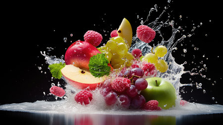 A colorful burst of raspberries, apples, and grapes mid-splash against whiteの素材