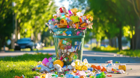 A suburban trash bin overflowing with a chaotic mix of household recyclables and non-recyclablesの素材