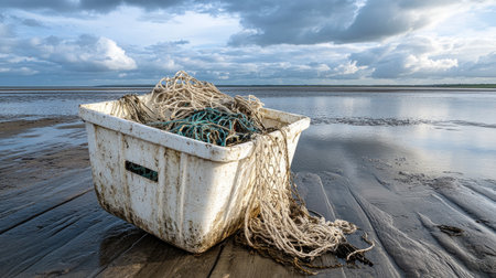 A white bin filled with soaked, knotted nets on a pier at low tideの素材