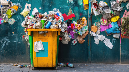 A recycling bin jammed with wrinkled paper and food containers outside a community centerの素材