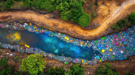 Aerial view of land covered in plastic waste contrasting natural earth tonesの素材