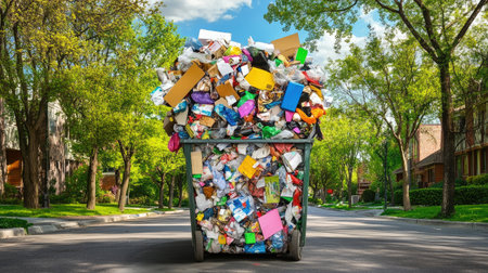 A large bin overflowing with paper, plastic, and metal recyclables in a suburban drivewayの素材