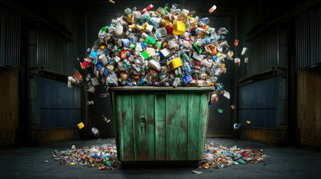 An industrial-sized recycling bin overflowing with unsorted recyclable materialsの素材