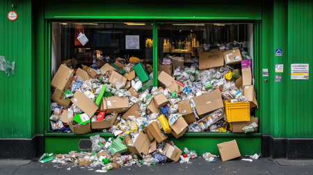 A recycling bin outside a store overflowing with crushed boxes and paper wasteの素材