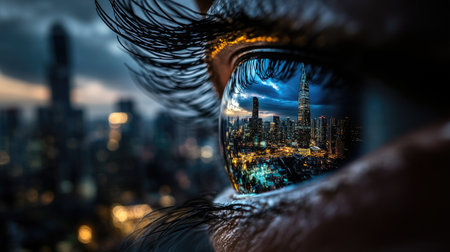 Aerial skyline at night reflected in the eye of a woman looking toward the horizonの素材