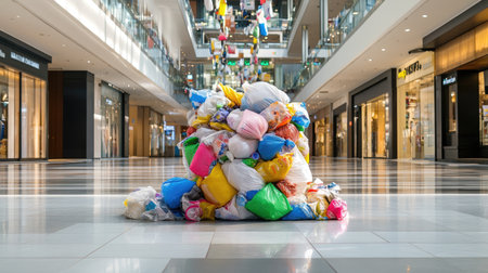 A shopping mall trash bin with bags of waste spilling over, filled with both clean and soiled recyclablesの素材