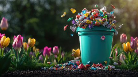 A whimsical garden scene with a teal recycling bin overflowing with candy wrappers and surrounded by blooming tulipsの素材