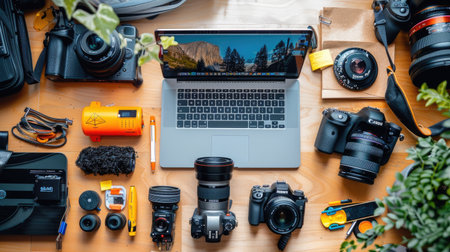A visually appealing flat lay composition showcasing various photography equipment including cameras, lenses, a laptop, and essential accessories, creating an organized workspace atmosphere.の素材