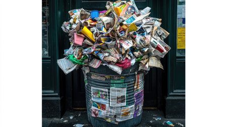 A residential trash bin stuffed with overflowing waste, including newspapers and plastic containersの素材
