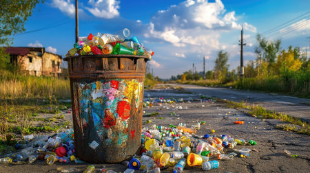 Aged recycling container overflowing with plastic pollution in abandoned areaの素材