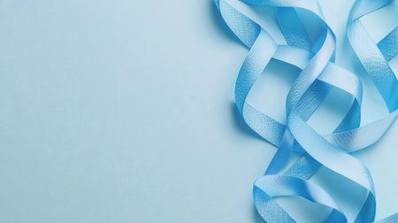 Overhead shot of blue prostate cancer ribbons flowing across a pastel blue surface, symbolizing men's health awareness, with space for text or advertisementsの素材