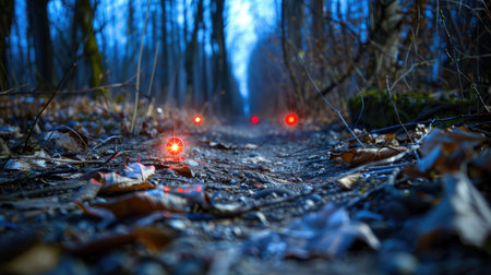 Captivating image of a forest path during dusk, featuring glowing red orbs scattered across the ground, creating an enchanting atmosphere amidst fallen leaves.の素材