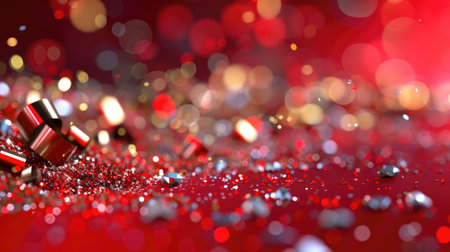 A captivating close-up of vibrant red glitter and shimmering particles creates a dynamic bokeh background. Ideal for festive and celebratory themes.の素材
