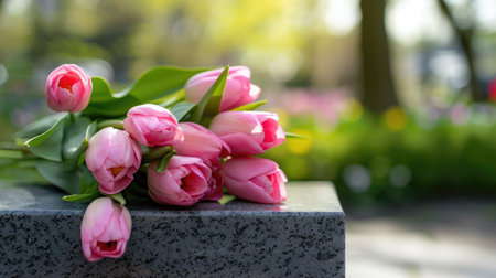 A beautiful bouquet of pink tulips rests on a gray stone surface, set against a backdrop of vibrant greenery and blooming flowers, evoking tranquility.の素材