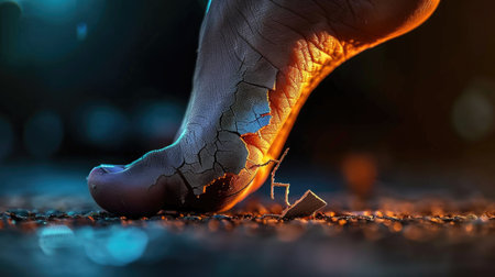 This striking image captures a close-up of a bare foot stepping on cracked ground, highlighting intricate textures and vibrant lighting. The reflective elements create a dynamic visual contrast.の素材
